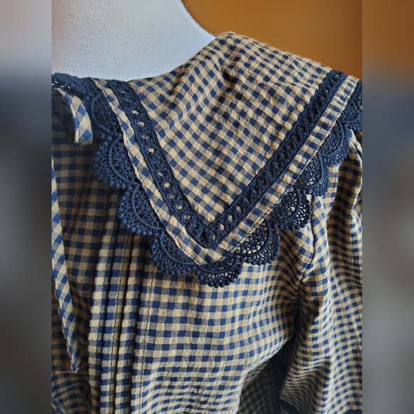 Brown and Black Gingham Blouse with Lace Trim And Tie Front - Picture 6 of 11